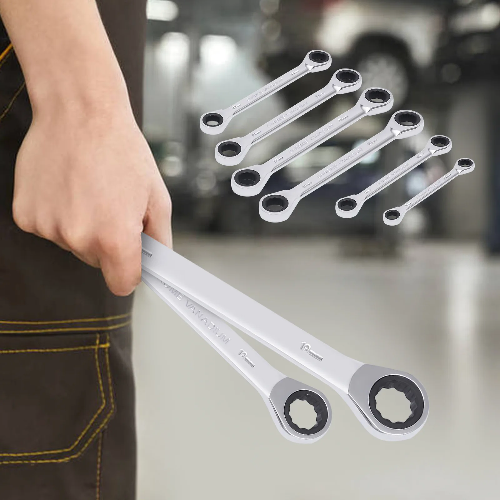 

6-piece Double Box End Ratcheting Wrench Set with Extra Long Handles Metric Sizes 8mm to 19mm