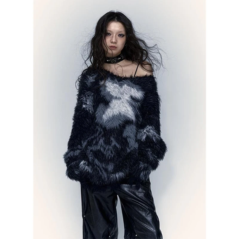 

Y2K Vintage Black Sweater Women Harajuku Faux Mink Cashmere Print Knitted Pullovers Gothic Grunge V Neck Knitwears Winter Jumper