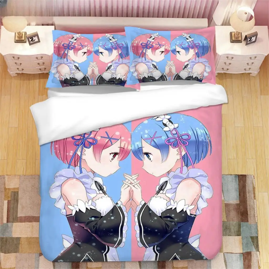 

Japanese Anime Kawaii Ram Rem 3D Printed Bedding Set Duvet Covers Pillowcases Comforter Bedding Set Bedclothes Duvet Cover