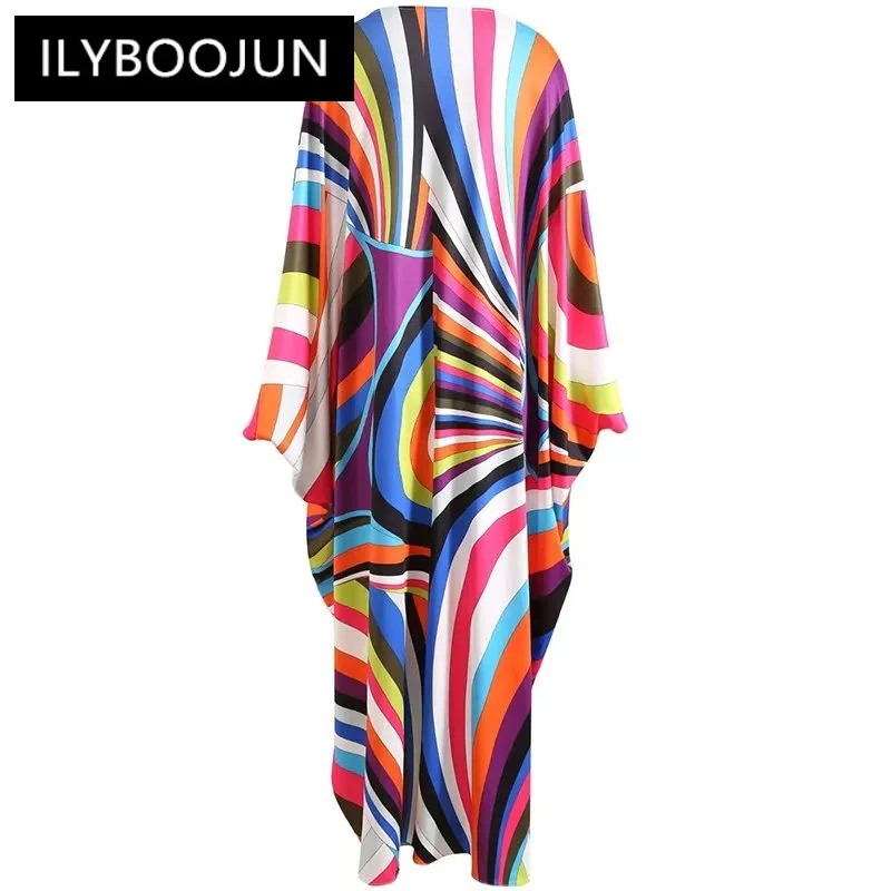 Fashion Autumn Winter Women\'s dress Batwing Sleeve Rainbow stripe Print Loose robe Elastic knitting Dresses