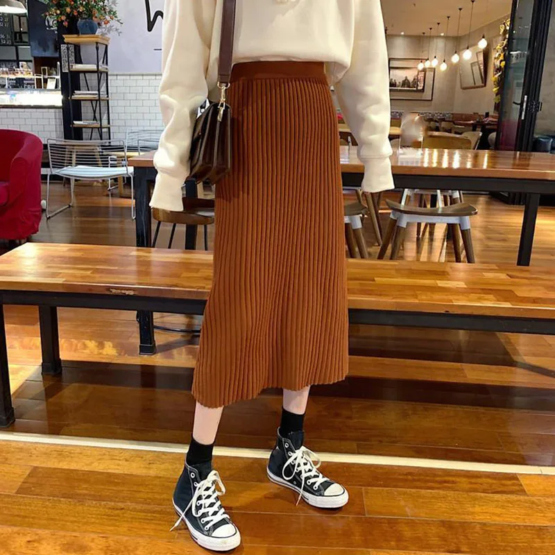 Lucyever 2021 New Autumn Winter One-step Skirts Women Korean Solid Mid-long Knitted Skirt Ladies Elegant High Waist A-line Skirt