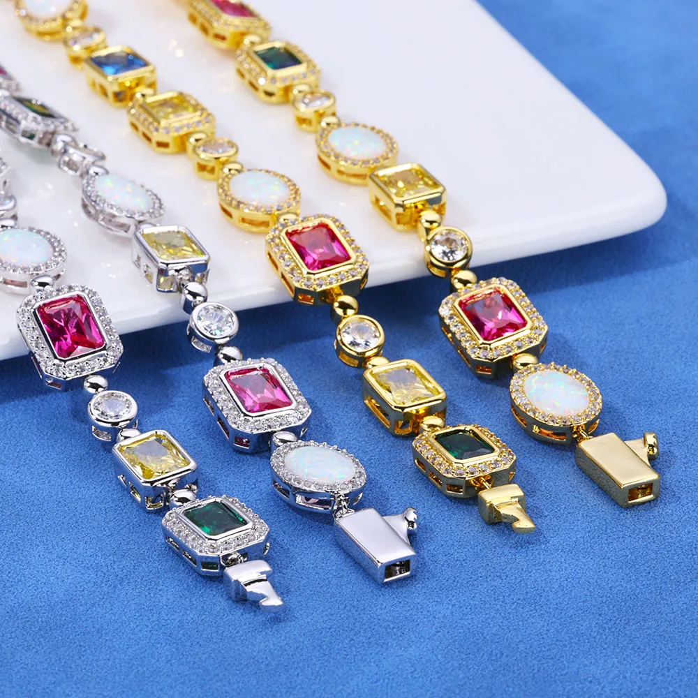 

10mm Green/Yellow/Blue Cz Stone Chain Geometric Gemstone Pattern ice Protein Stone Chain Brass Spring Buckle Necklace