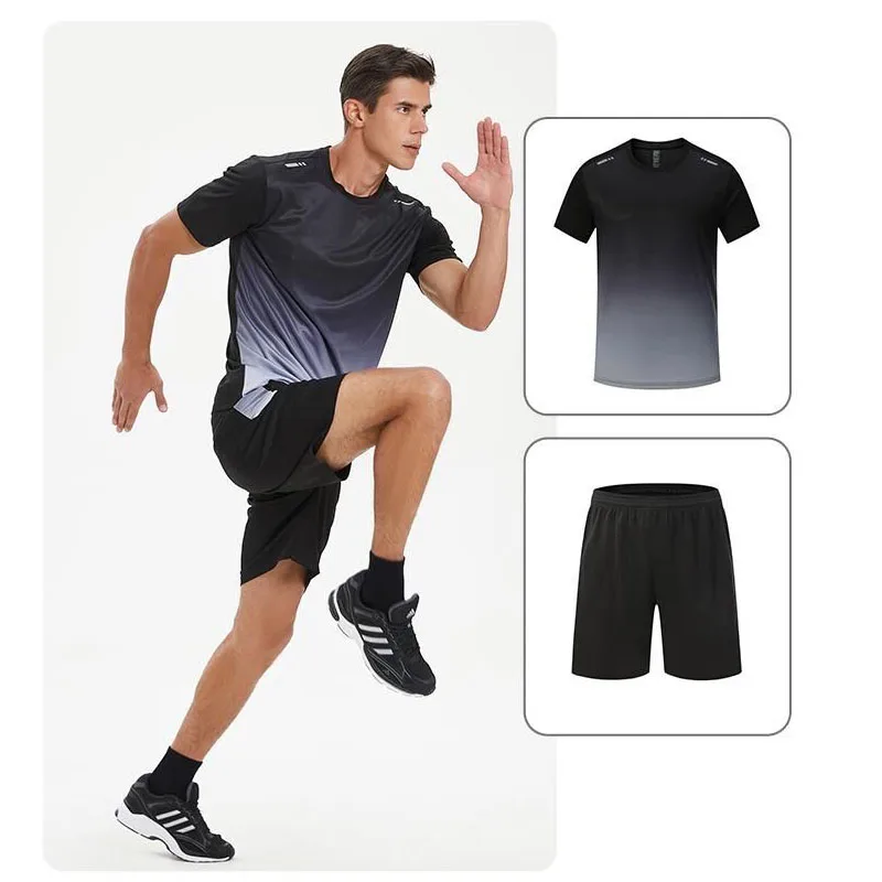 Fitness Clothes Ice Silk Quick Drying T-shirt Suit Men Short Sleeve Running Sportswear Shorts Tracksuit Gym Sports Training Sets