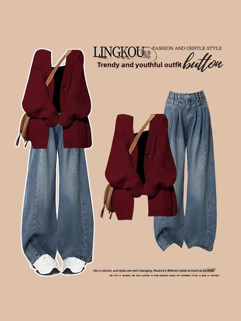 

plus Size Spring Autumn Korean Sle Women's Red Knitted Sweater Cardigan ter Top High Waist Slimming Jeans Tee Piece Set