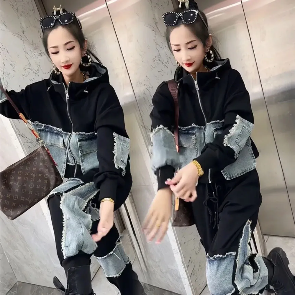 Autumn Denim Women\'s Pant Set Splice Fashion Loose Oversized Hooded Jacket + Pencil Jeans Two Piece Sets 6XL Trousers Suits 2024