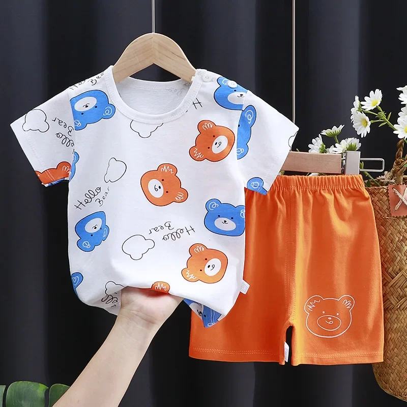 Dziecięce komplety domowe z nadrukiem kreskówkowym, czysta bawełna, 2-częściowe zestawy, modny, uroczy, casualowy dres, kontrastowy T-shirt + szorty