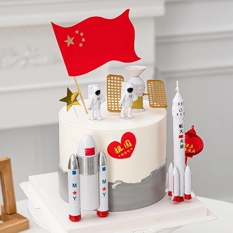 1Set Rocket Toy Space Series Rocket Plane Satellite Astronaut Model Cake Decorate Toy