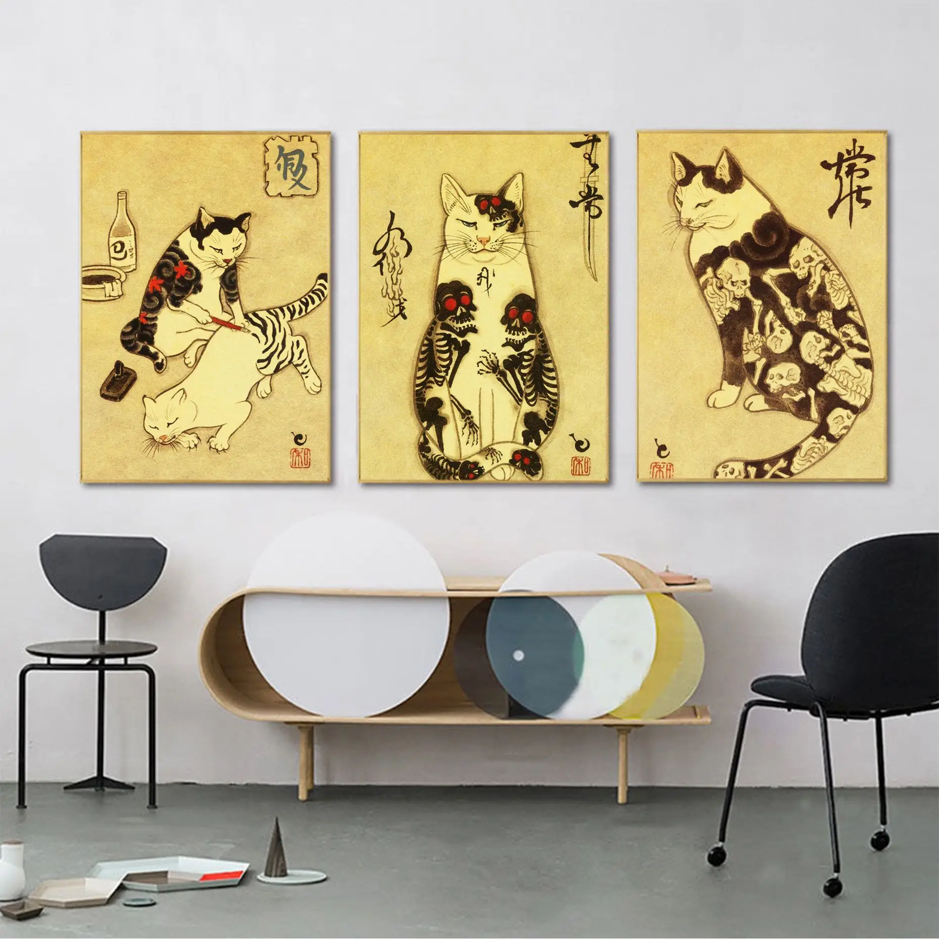 

Vintage Japanese Samurai Cat Tattoo Cat Whitepaper Poster Retro Kraft Paper Sticker DIY Room Bar Cafe Room Wall Decor