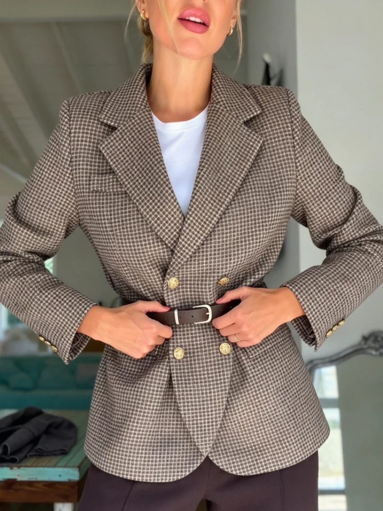 Women Plaid Blazer Jacket Double Breasted Checkered Suit Coat Lapel Collar Long Sleeve Retro Loose Blazer Daily Work Commute