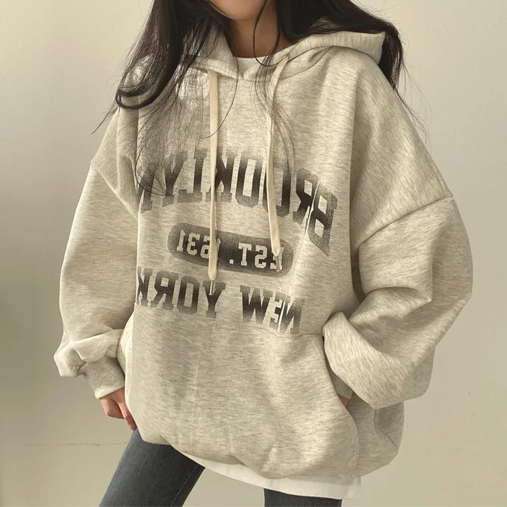 

Women Thicked Hooded Sweatshirt Korean Top Harajuku Hoodied Autumn Loose Letter Print Plush Sudaderas Para Mujer Winter Clothes