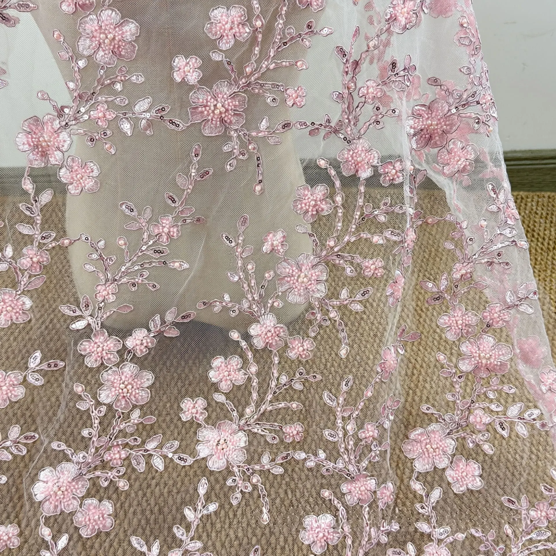 1Meter 140Cm Wide Exquisite Pink Mesh Embroidered Fabric Bugle Beads Lace Material for DIY Wedding Dress & Evening Gown F100