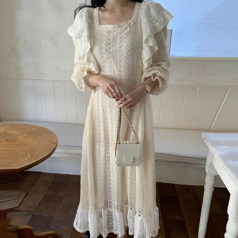 우아한 가을 긴팔 레이스 훅 디자인 스플라이스 거즈 엣지 드레스 시크 스퀘어 칼라 헤비 워크 드레스 (젊은 여성용)