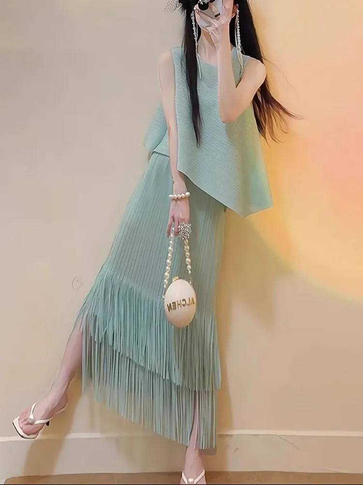 

Summer Sleeveless Asymmetrical Top Tassel Half Skirt Pleated Set Women's High Waist Midi Skirt Korean Style Commute Outfit