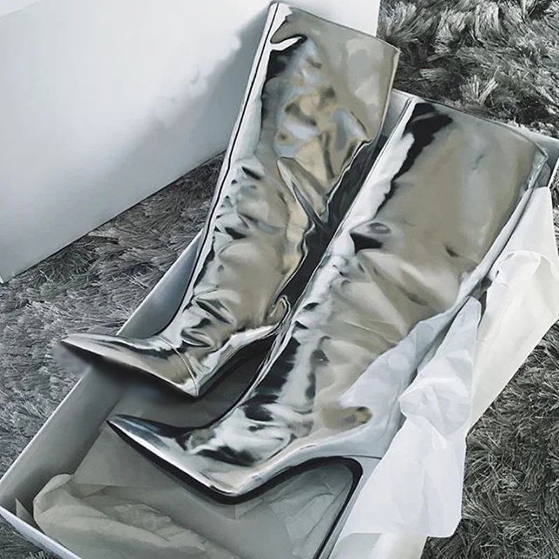 

Silver Over Knee Glitter Boots Thin High Heel Pointed Toe Fashion Sexy Cool 2025 Winter Big Size Woman Shoes Zapatillas Mujer