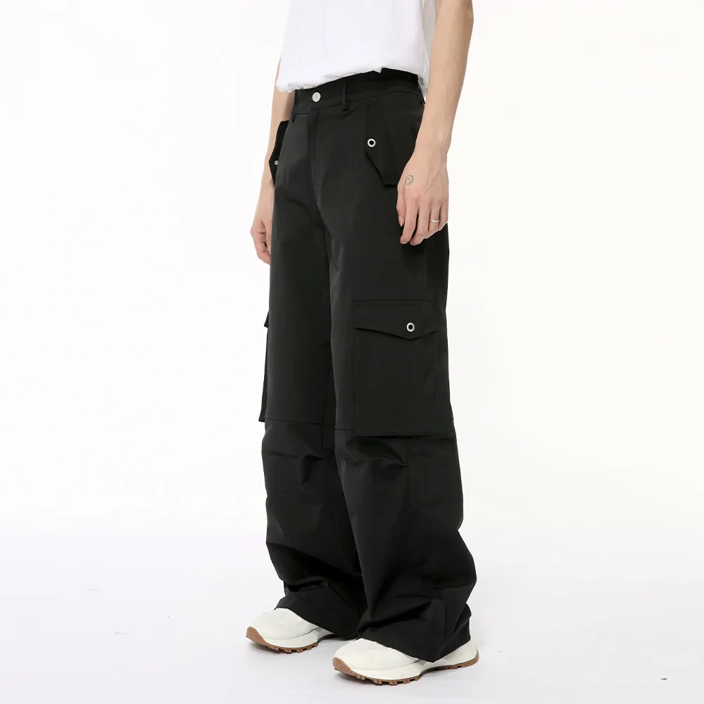 High Street Mne's Casual Pants Big Pockets Solid Color Cargo Trousers Straight Wide Leg Bottom New Stylish 2024 Summer