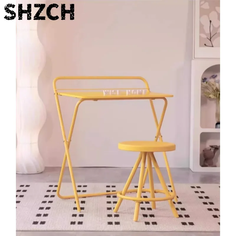 Minimalist Yellow Ottoman Foldable Kids Desk for Bedroom Kitchen Study Area Dopamine Bar Table High Stool Set