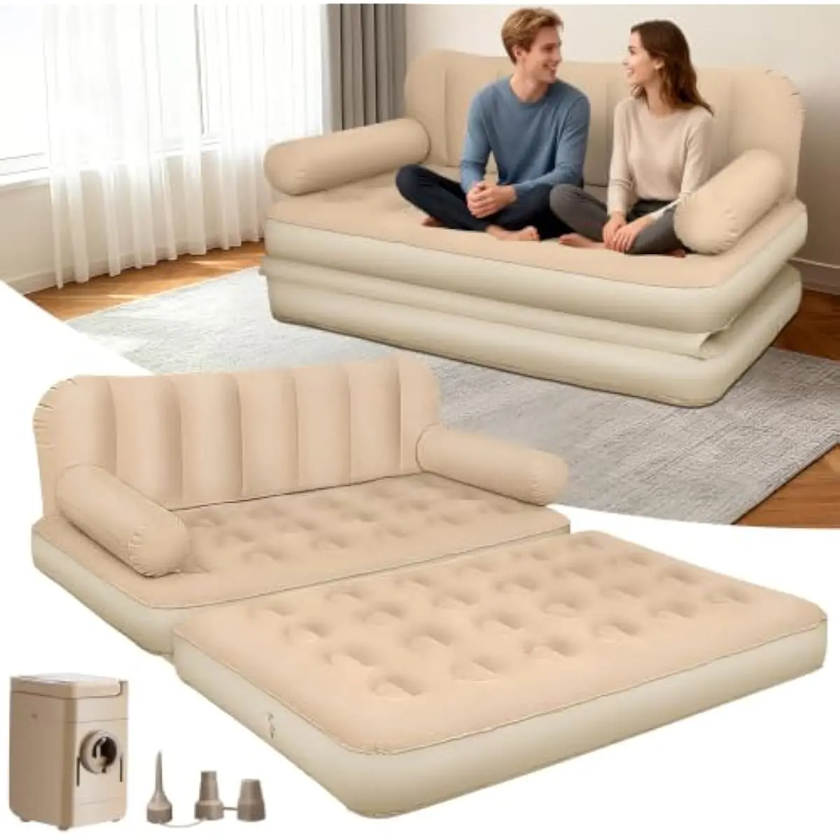 Small Queen Inflatable Sofa Bed Convertible Lounger with Built-in Headboard 74x62x33 Inches PVC Flocked Surface Electric Pump In
