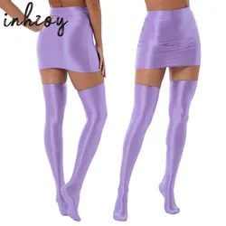 Womens Glossy Nightclub Outfit Shiny High Waist Mini Skirt with Stockings Set Rave Party Cheer Booty Workout Pole Dance Clubwear