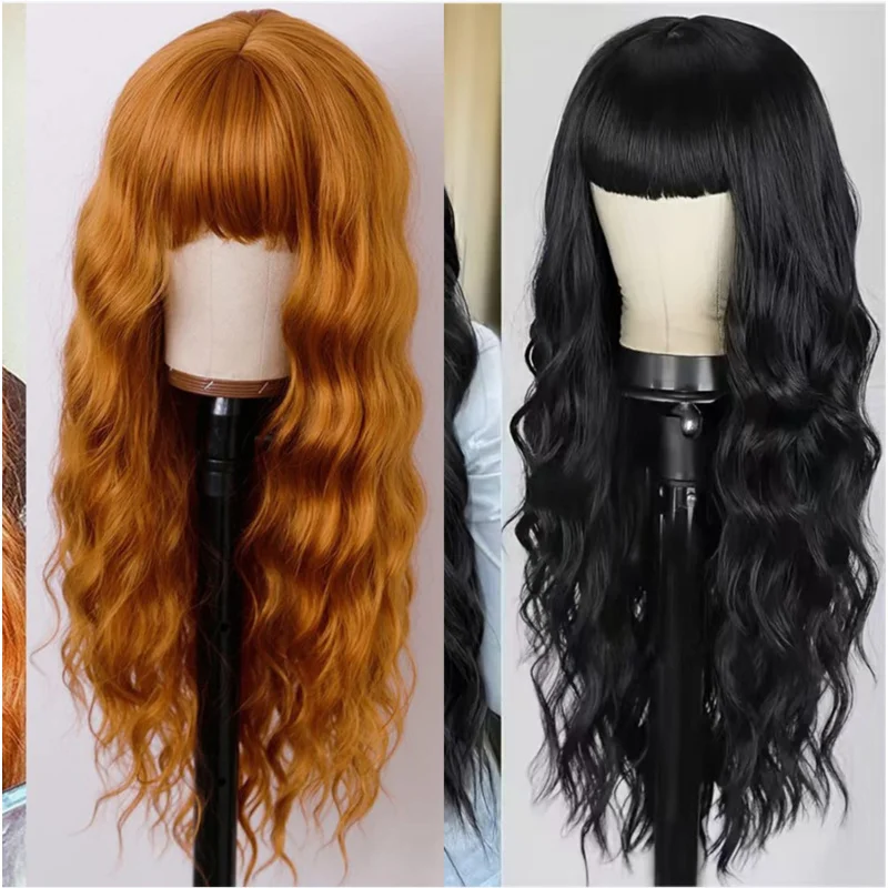 European and American style wigs, long synthetic fiber with bangs, orange wavy wig