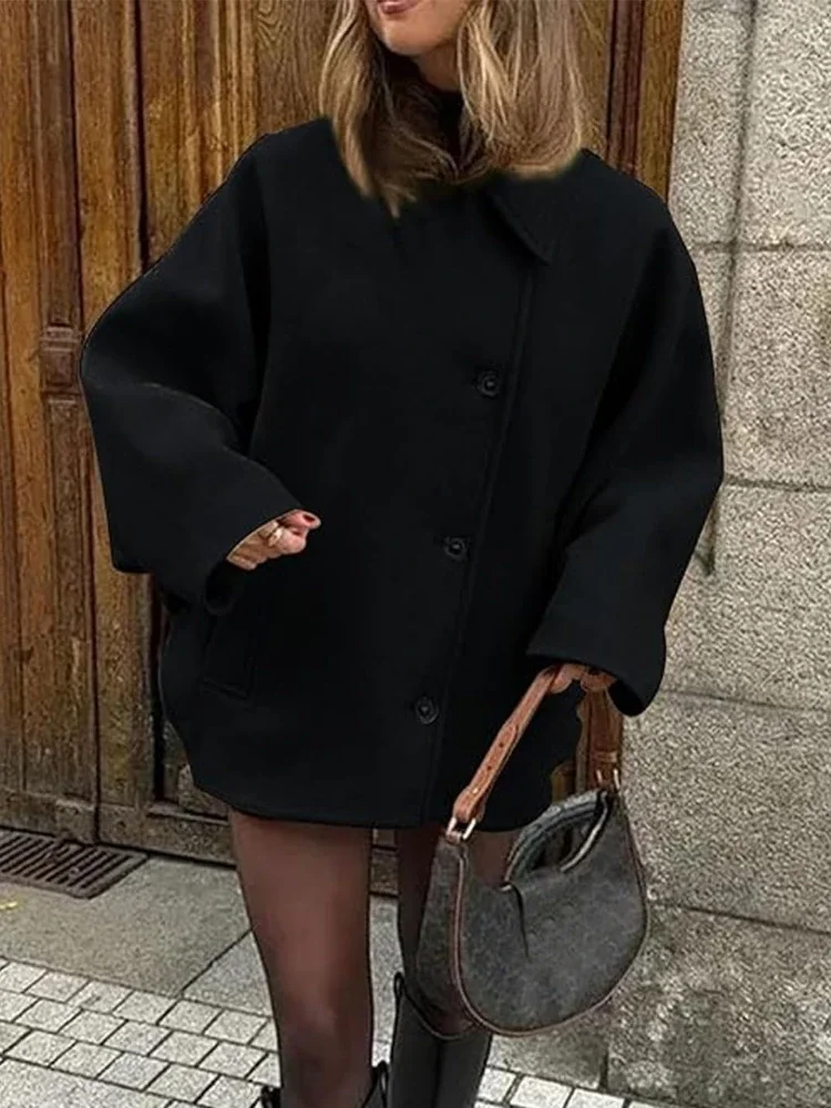 Chaud solide Vintage vêtements d'extérieur automne hiver manteau femmes bouton Oblique ample manches chauve-souris veste manteau revers Double poche