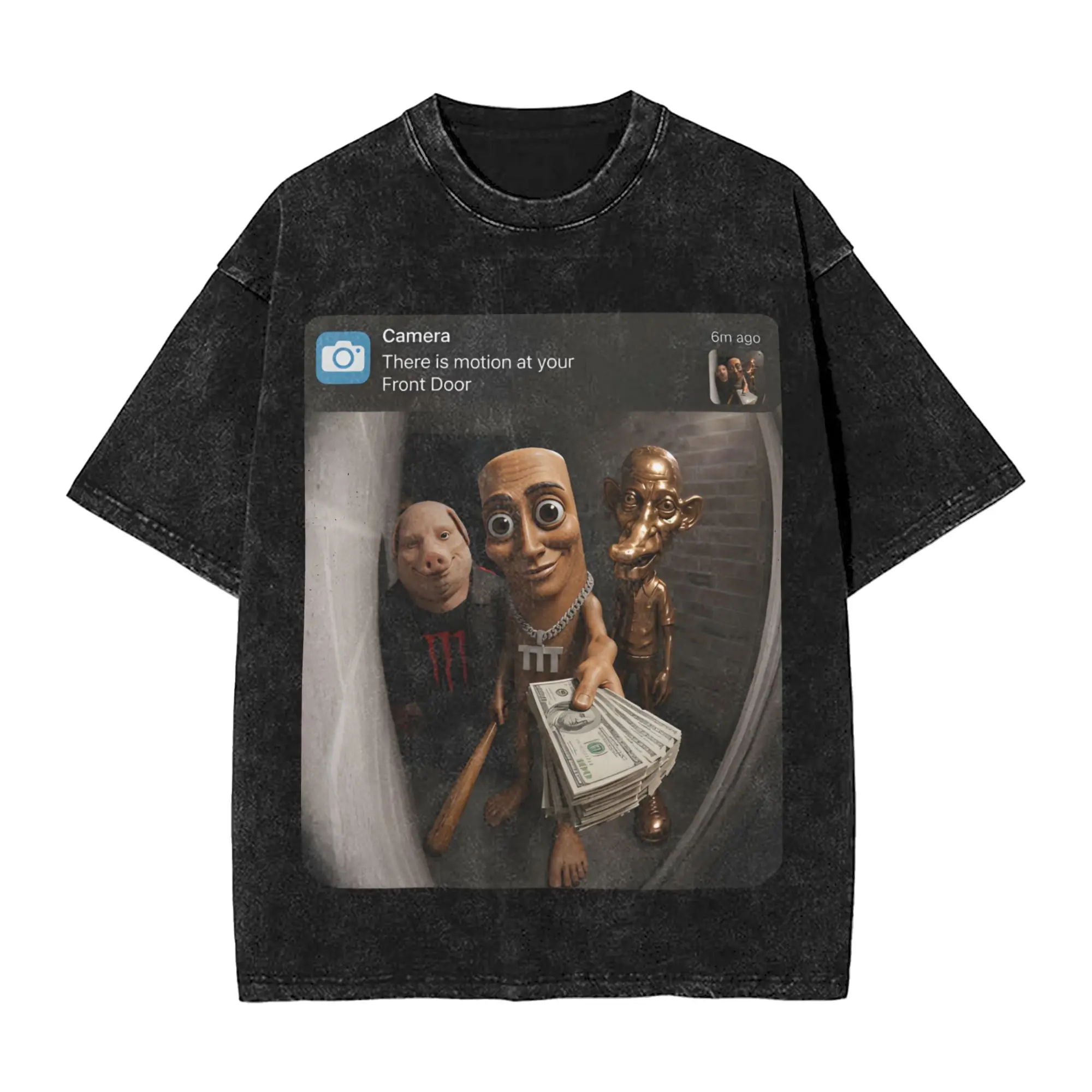 Black There Is Motion At Your Front Door Tung Sahur John Pork Neegy Flexing Money  Outfit Washed T Shirt Men Women Streetwear