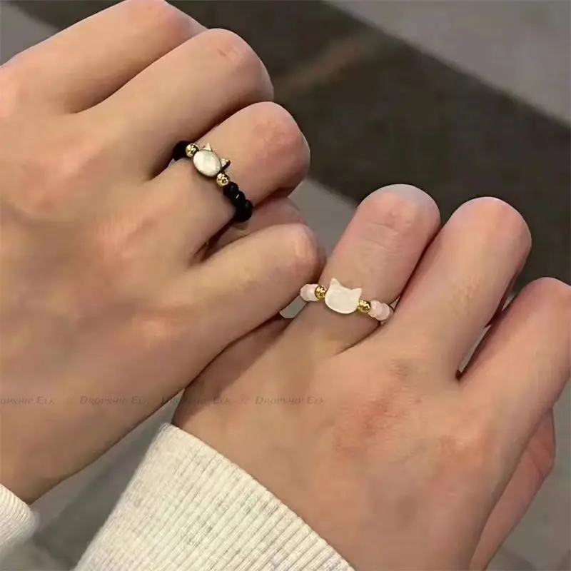 Кольца из натурального лунного камня с обсидианом, бусины, кольцо ручной работы, милое черно-белое кольцо с котом, женские аксессуары для вечеринок, ювелирные изделия