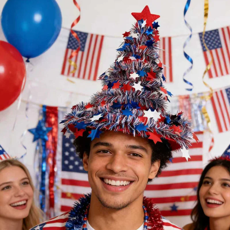 4th Party Hat with Red White Blue Star Tinsel Cap Plastic Triangle Women Men Hand Washable Parades Picnics Independence Day