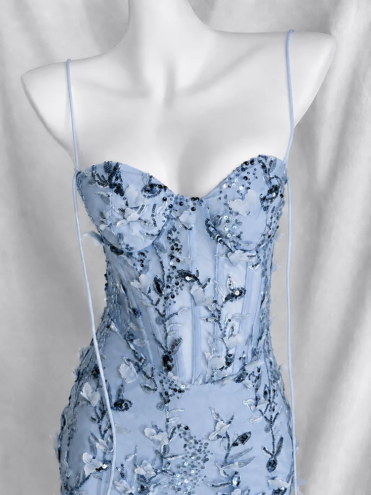 Dusty Pink Spaghetti Strap Mermaid Evening Gown 3D Floral Appliqué Sequin Tulle Corset Long Formal Wedding Guest Maxi Dress - view 3