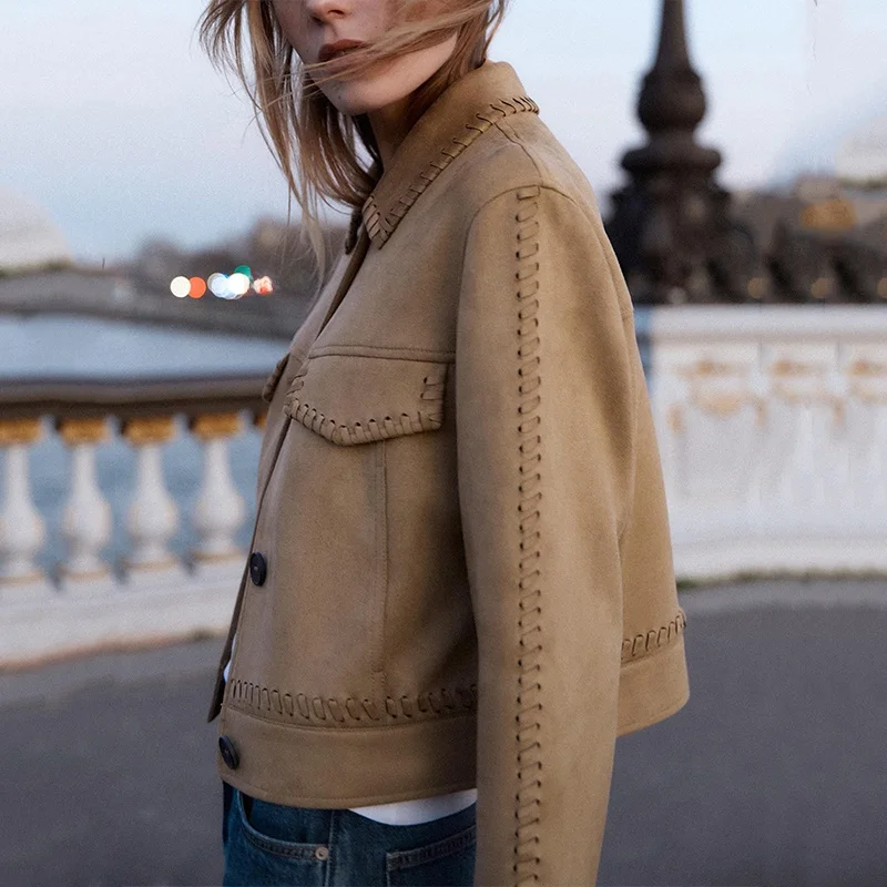 

Summer 2025 Women's Long Sve Jaet Velvet Texture Woven Details Commute Sle Loose Fit Polyester Fiber ort Coat