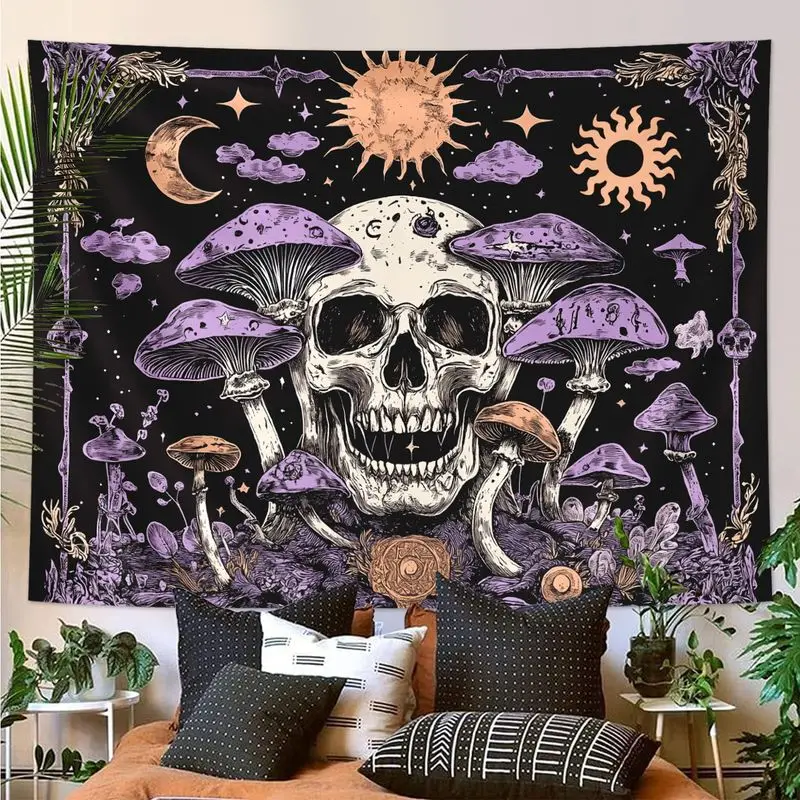 VIKAMA Tapestry Psychedelic Skull Amanita Mushroom Moon Fairy Boho Purple Dark Art Soft for Living Room Bedroom Home Decor