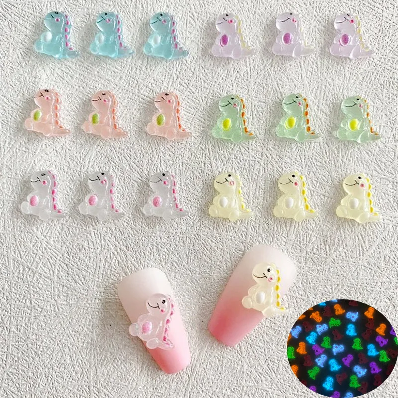 100pcs 12*14mm Kawaii Luminous Dinosaur Resin Flat Back Cabochon Animal Manicure Rhinestone DIY Phone Beauty Nail Art Decoration