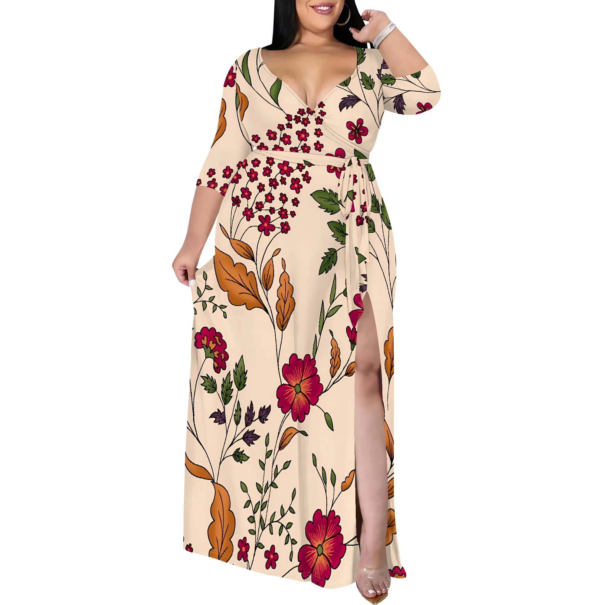 Nupusa Floral Print Dress for Women Plus Size Summer Casual V Neck Half Sleeve Maxi Dress