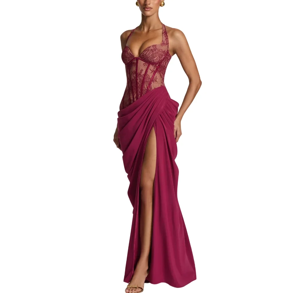 Fashionable Elegant Lace Corset Maxi Dress Sexy Halter Backless Draped High Split Gown For Women Formal Prom Dinner Party Club view 5