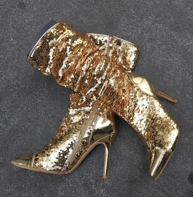 

Bling Bling Sequins Patchwork Pointed Toe Middle Boots Woman Back Patent Leather Stiletto Heel Zipper Side Short Booties Shoes