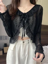 HOUZHOU Sweet Blouse Women Summer Chiffon White Long Sleeve Lace Cardigan Cropped Tops Black Sun Protection Airable Shirt