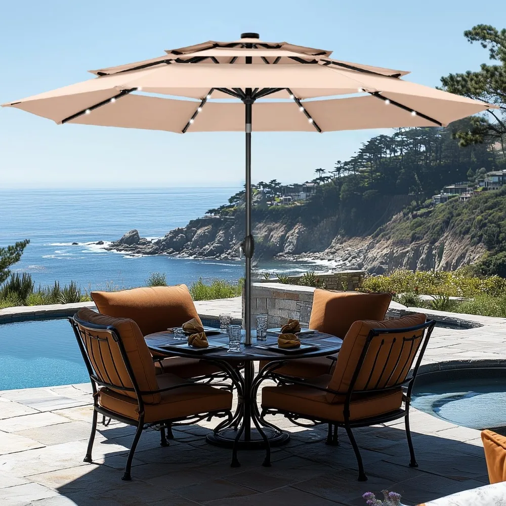 

10ft Patio Umbrella with Solar Lights, Auto-Tilt Lighted Market Table Umbrellas with Crank, 8 Sturdy Ribs & 1.5" Pole outdoor u