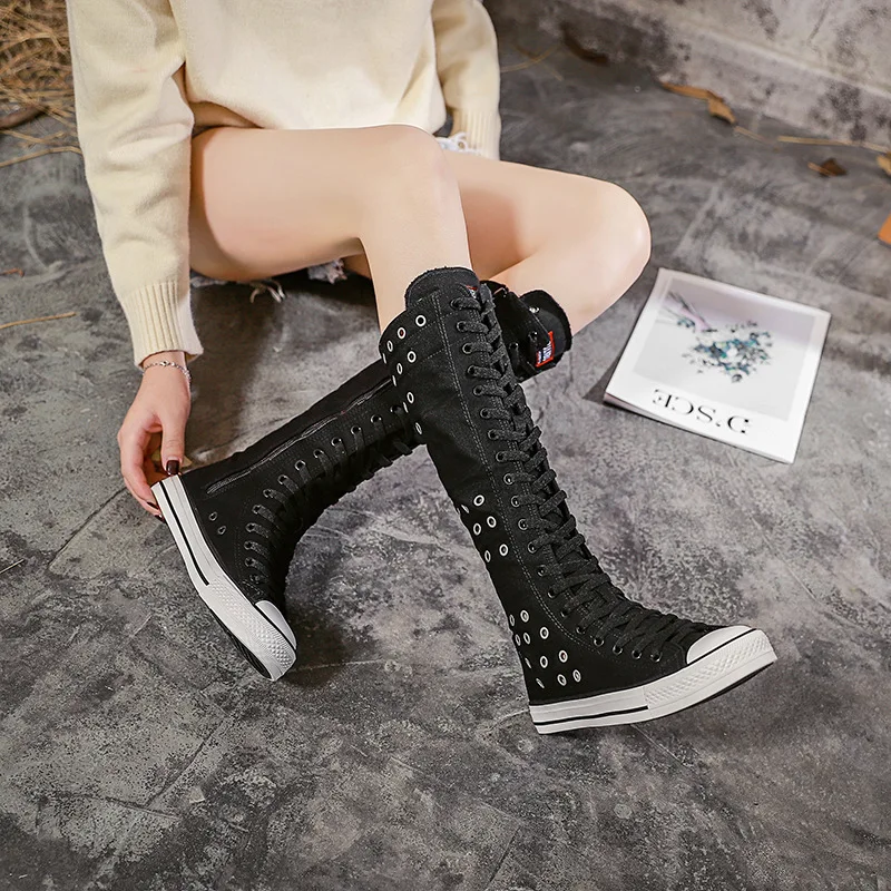 Long Canvas Boots Breathable Hole Hollow Super High Lace Up Side Zipper Canvas Shoes Casual Shoes Women\'s Shoes