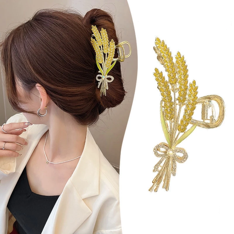 Fashion New Alloy Diamond Gold Wheat Hair Clip Back Head Pan Hair Large Shark Clip Grab Clip Hair Accessories Woman