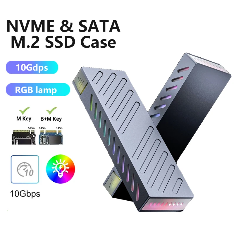 

Корпус M2 SSD Корпус M.2 NVMe SATA SSD Адаптер RGB 10 Гбит/с USB 3.2 Gen2 USB C Внешний корпус Поддержка клавиш M, B и B&M