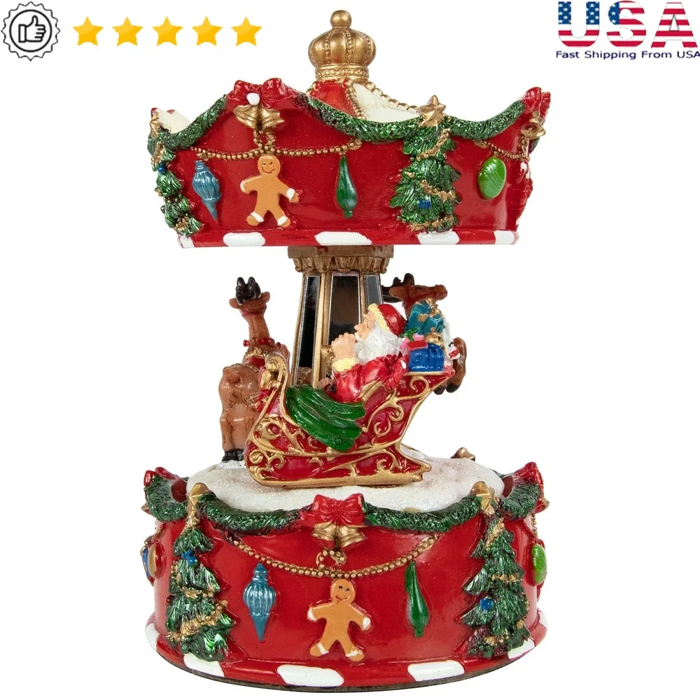 

Animated Musical Santa Reindeer Carousel Christmas Music Box Indoor Wind Up Plays We Wish you a Merry Christmas 6.25 Inch