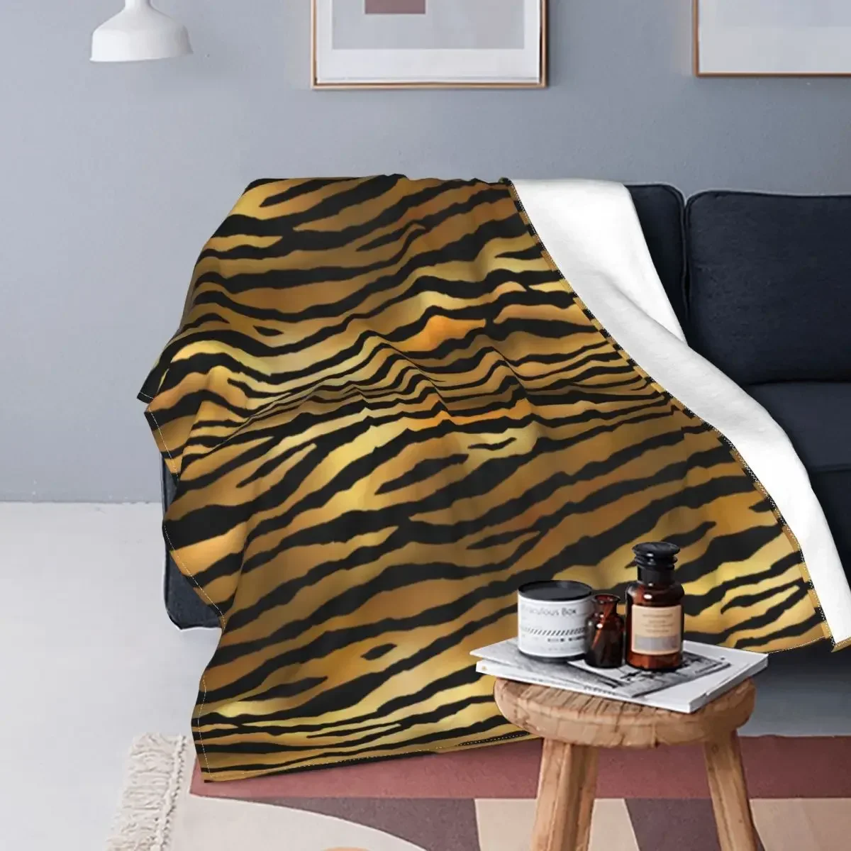 Warm Soft Bedspread King Queen Full Size Brown Tiger Print Flannel Throw Blanket Stripes Animal Fur Pattern Comfy Fleece Blanket