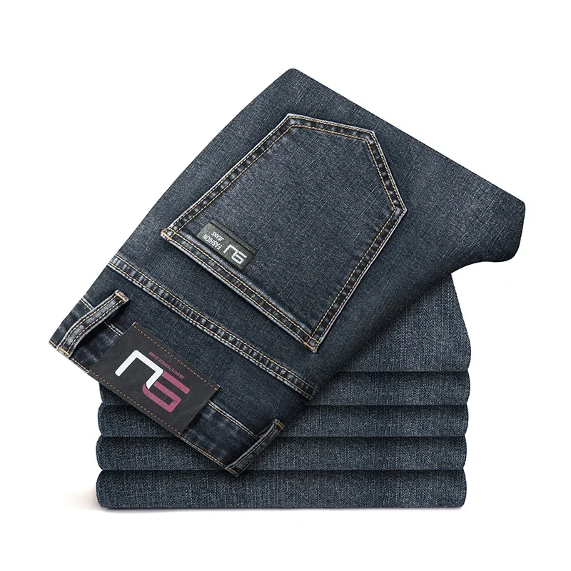 

2025 эластичные джинсы, молодежные мужские простые повседневные брюки стандартного кроя, новые мужские облегающие прямые хлопковые брюки средней веса