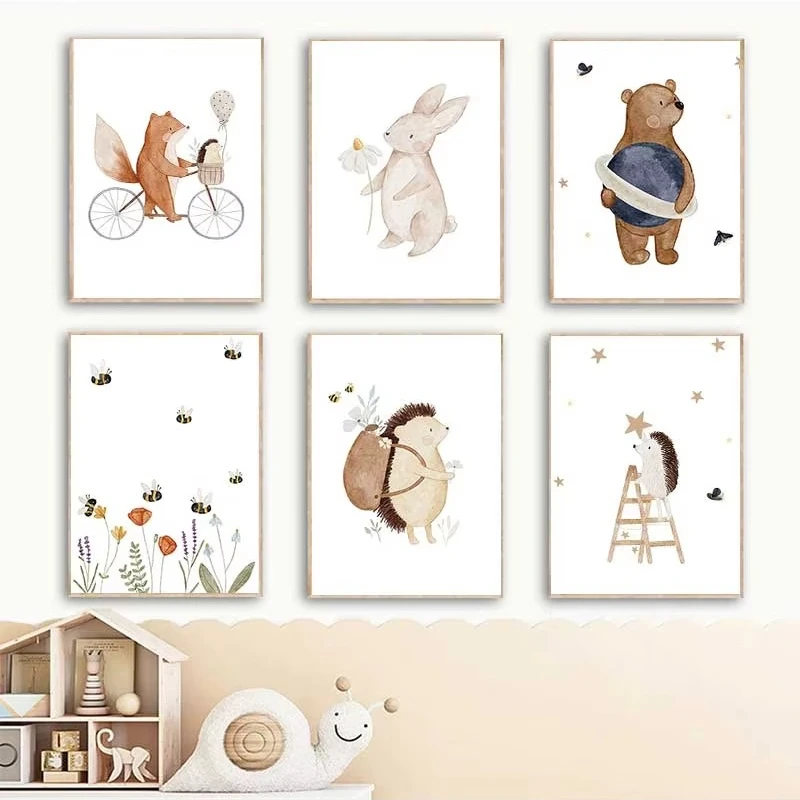 1PC frameless decorative art print,Minimalist Cartoon Animal Poster Bohemian Rabbit Hedgehog Bear Fox Flower Canvas Painting Hom