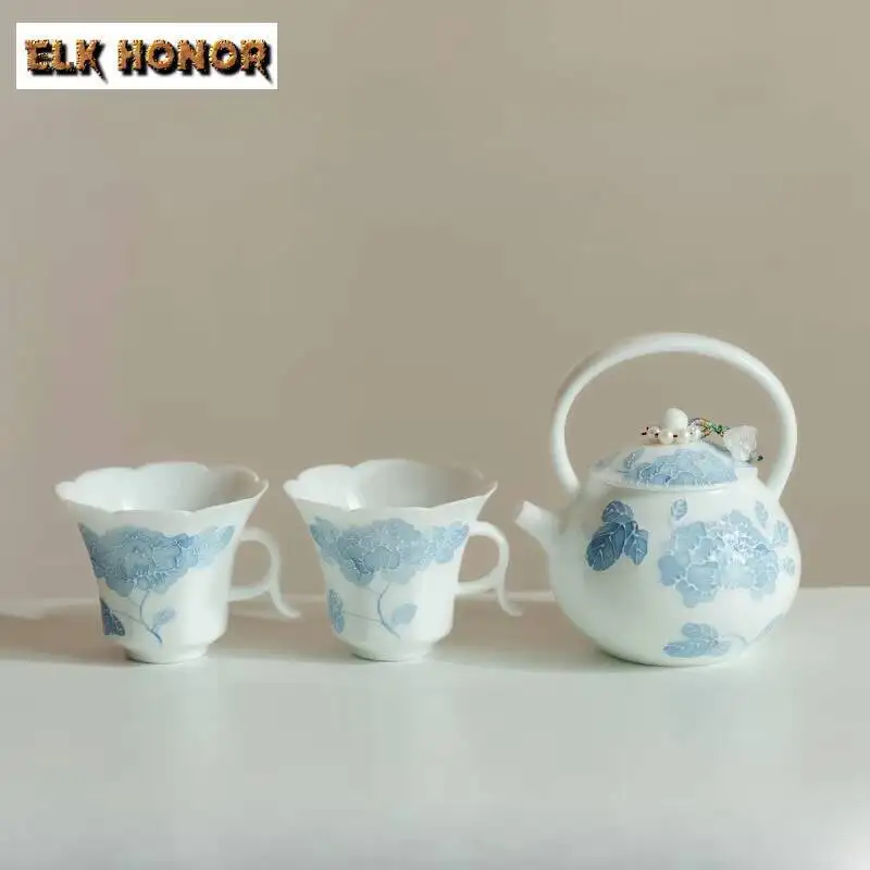 

Pure Hand Drawn Pile Carving Blue Lotus Teapot Handmade Tea Infuser Pot Tea Soaking Kettle With Ball Hole Cups Kit Tea Ceremony