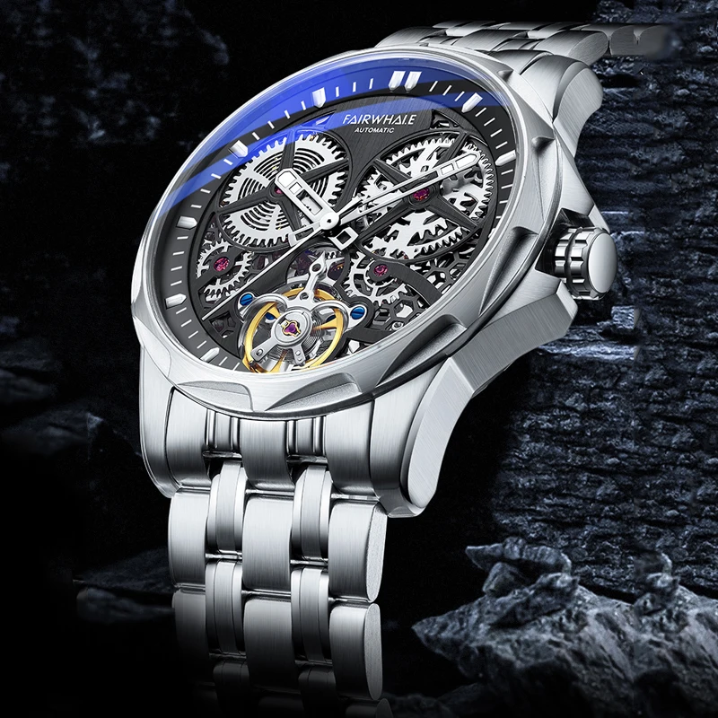 FAIRWHALE Tourbillon Watches for Men Fashion Unique Automatic Movement Mechanical Watches 3ATM Waterproof Men Watch Reloj Hombre