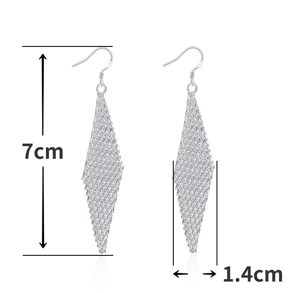 925 Silver Plated Retro Earrings Bohemian Rhombic Woven Mesh Long Earrings Drop Earrings for Women Jewelry Mother's Day Gift
