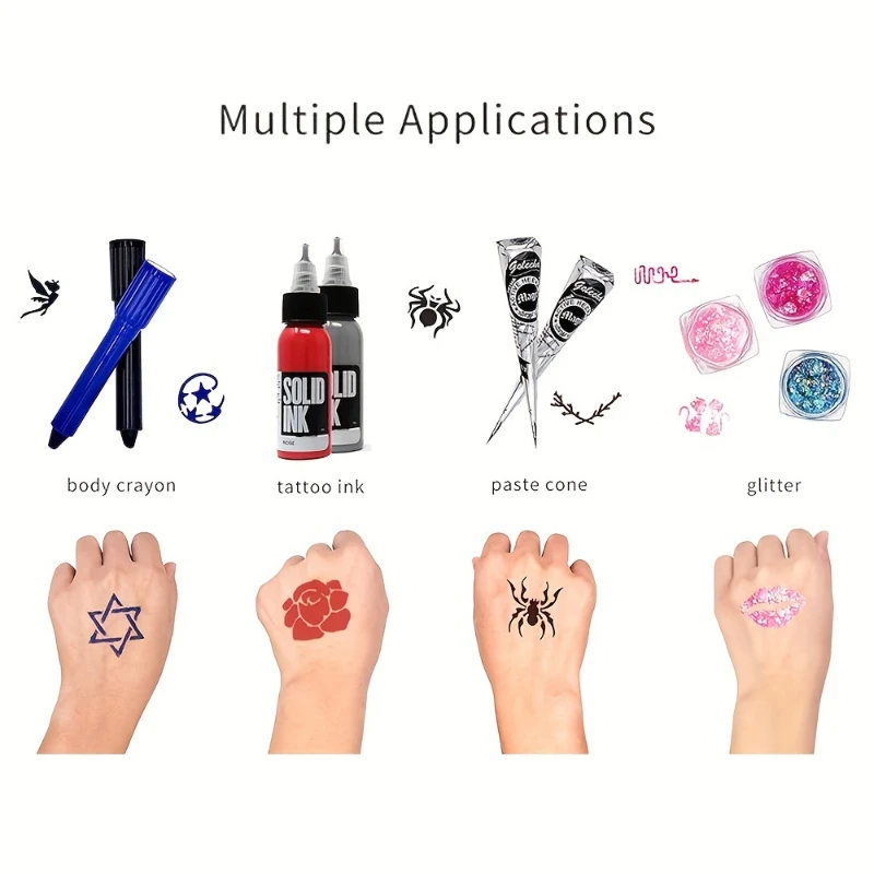 حبر الوشم الملون لعصير الوشم ، حبر الوشم طويل الأمد والإستنسل مجموعة الوشم المؤقت ، طلاء الجسم المقاوم للماء وشم مزيف