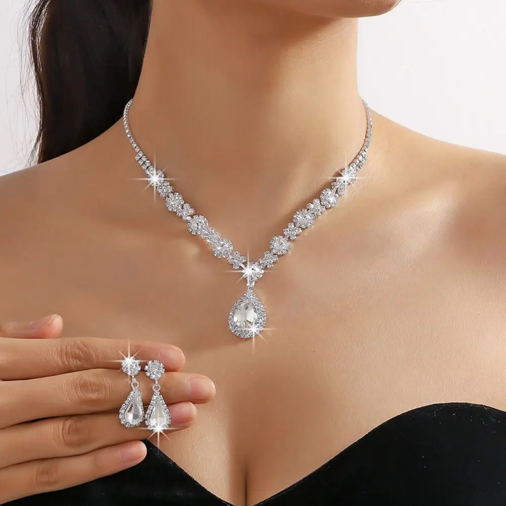3pc Women's Crystal Droplet Necklace Earrings Set