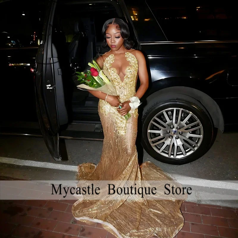 Luksusowe, błyszczące suknie balowe dla kobiet, cekinowe suknie syreny na bankiety, wesela i przyjęcia, szyte na miarę, bez rękawów, vestidos largos fiesta.