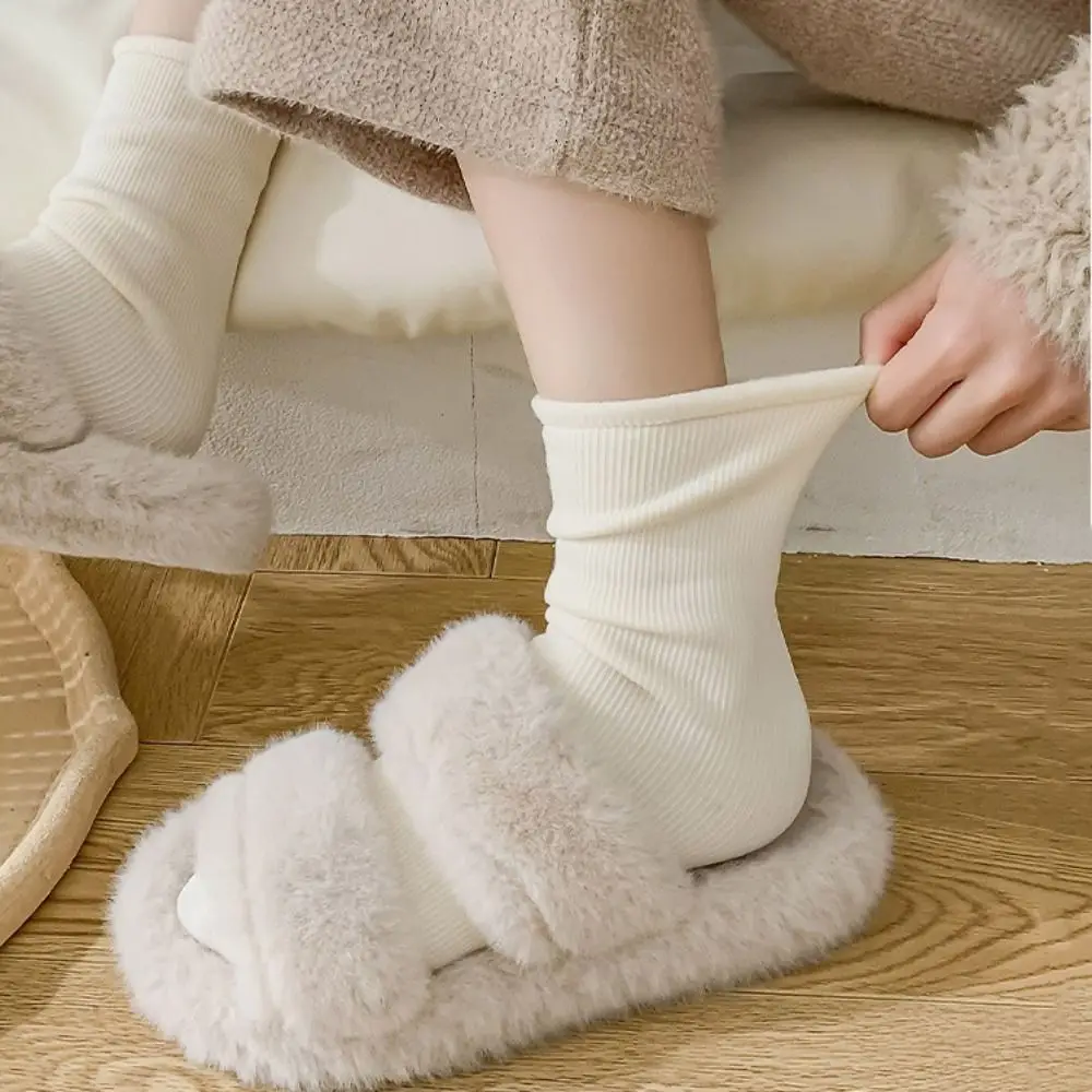 

5Pairs Stripe Thicken Warm Socks Simple Solid Color Thermal Mid Length Socks Mid Tube Thicker Winter Socks Women Hosiery